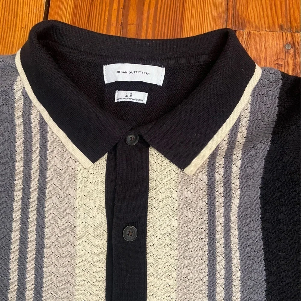 Urban Outfitters Men’s Button-Down Polo Sweater Size L Black Grey Cream Cotton